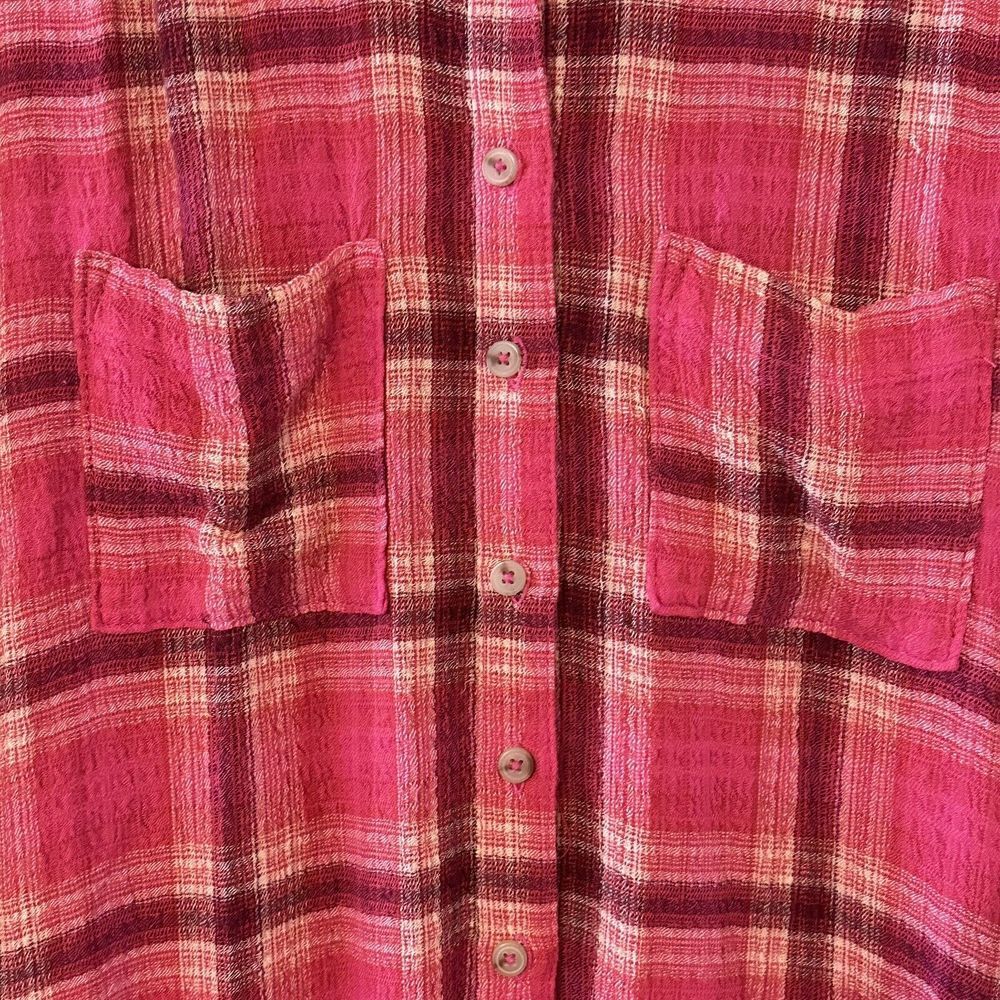 Pilcro Anthropologie Pink Plaid Pockets Crinkle Tunic Button Collared‎ Top XS - Picture 8 of 12